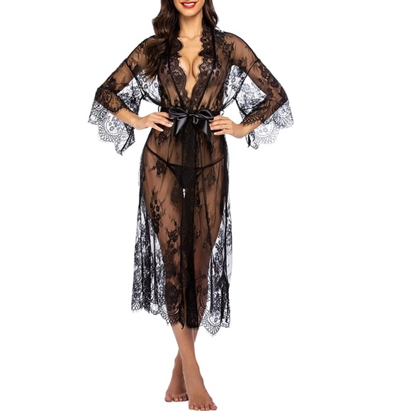 Long Lace Lingerie Kimono Robe Swimsuit Cover Up - Picture 2 of 8